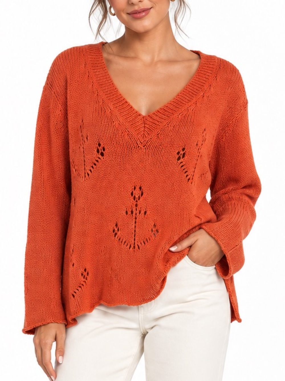 Wooden Ships Pumpkin Orange Pointelle Open Knit V-Neck Coastal Boho Sweater M/L
